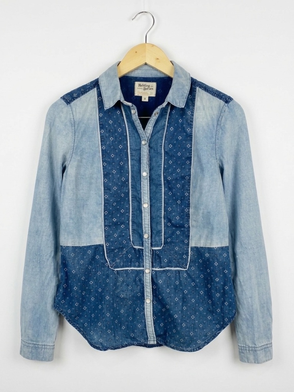 Anthropologie Holding Horses Patchwork Denim Western Pearl Snap Shirt Size 0